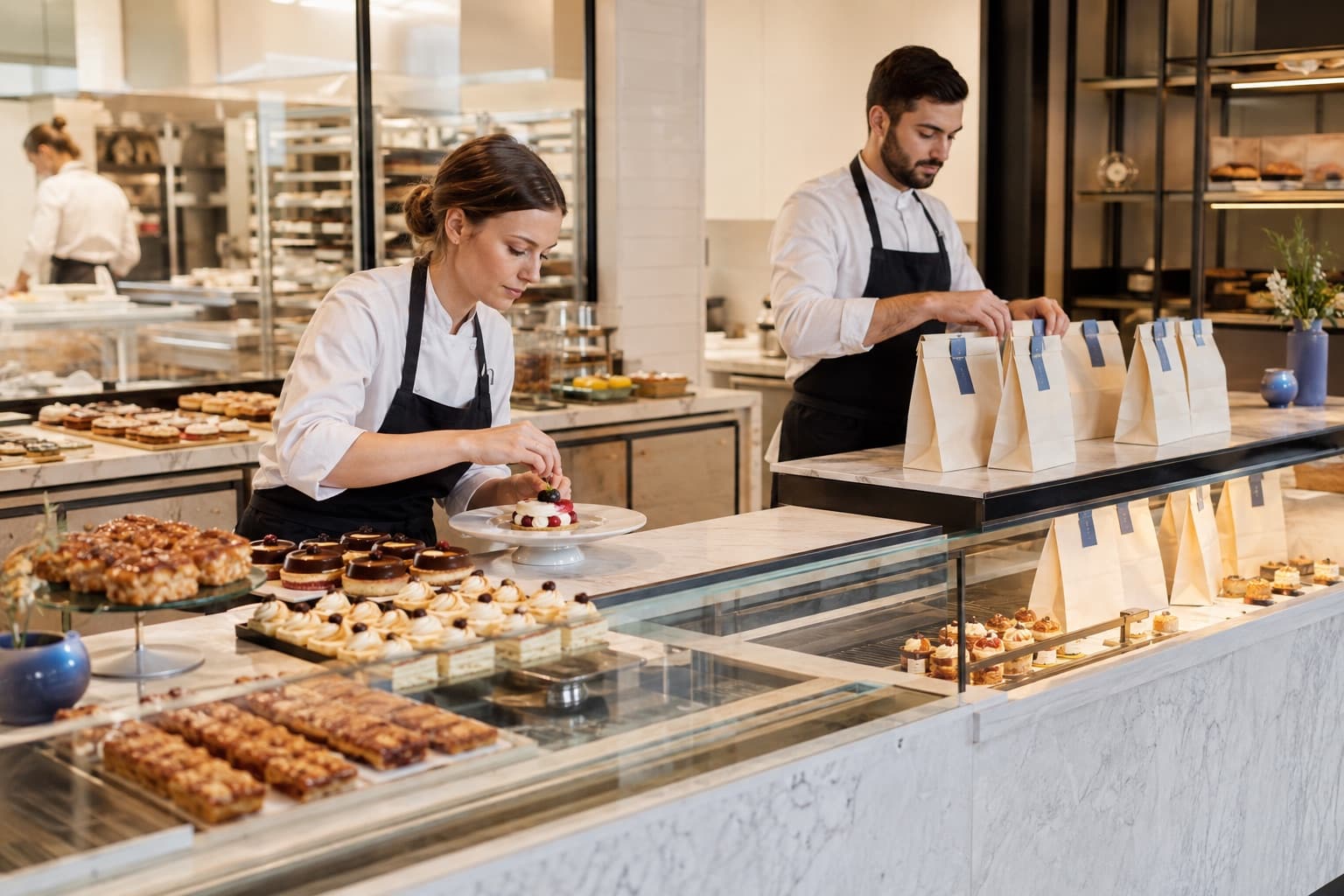 Bakery and dessert team preparing plated items and takeaway bags