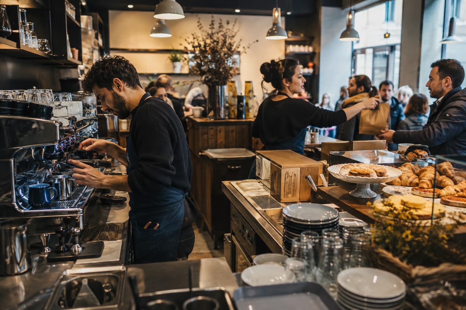 Barista and cafe team serving takeaway orders during a morning rush