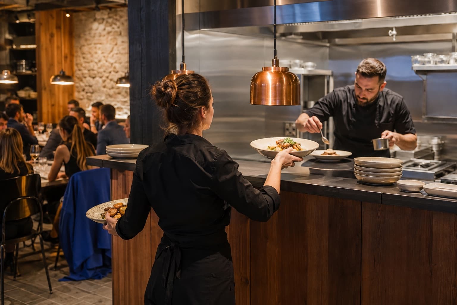 Restaurant server collecting finished plates from an open kitchen pass