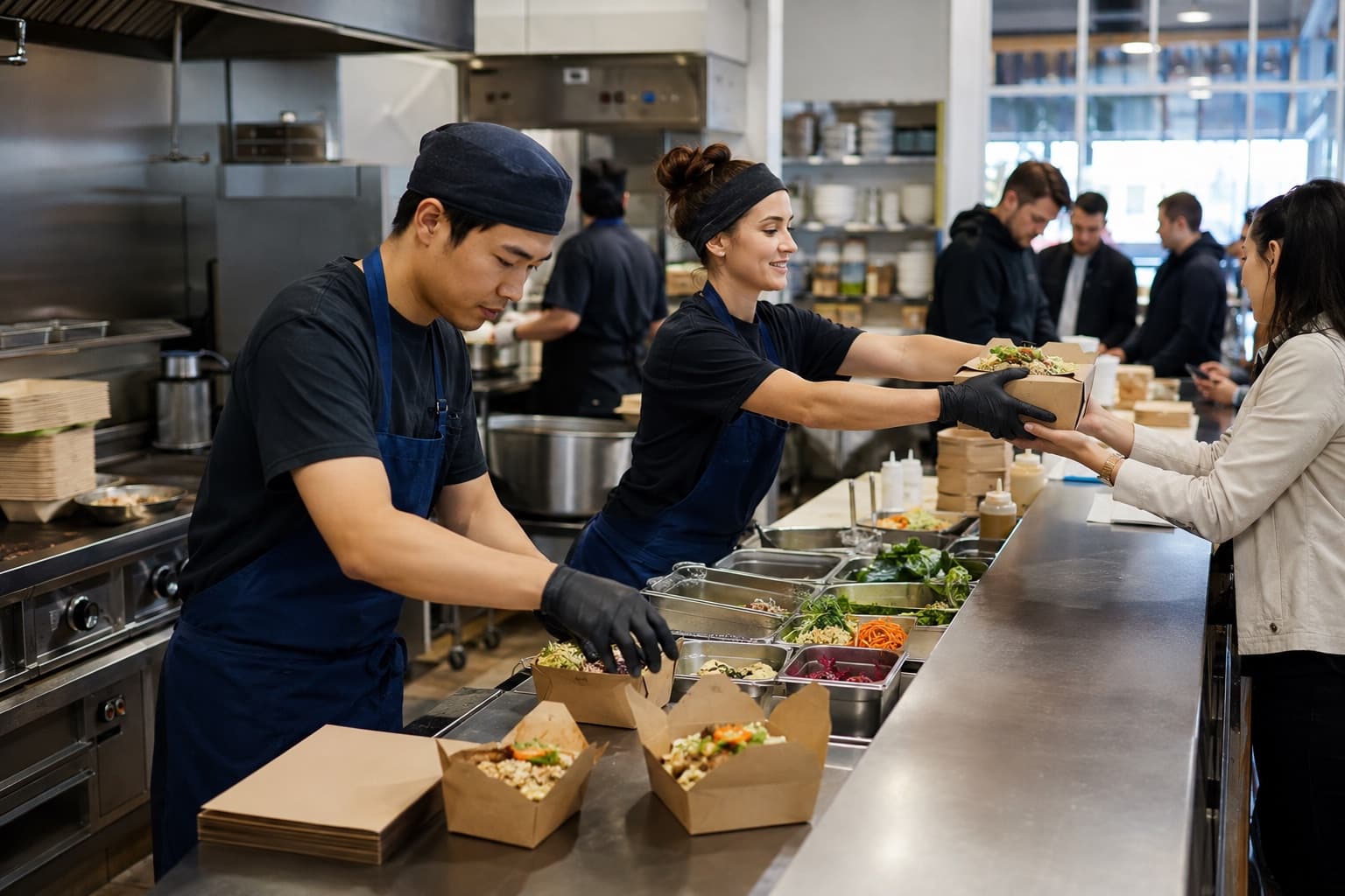 Quick-service kitchen team assembling and handing off takeaway meals