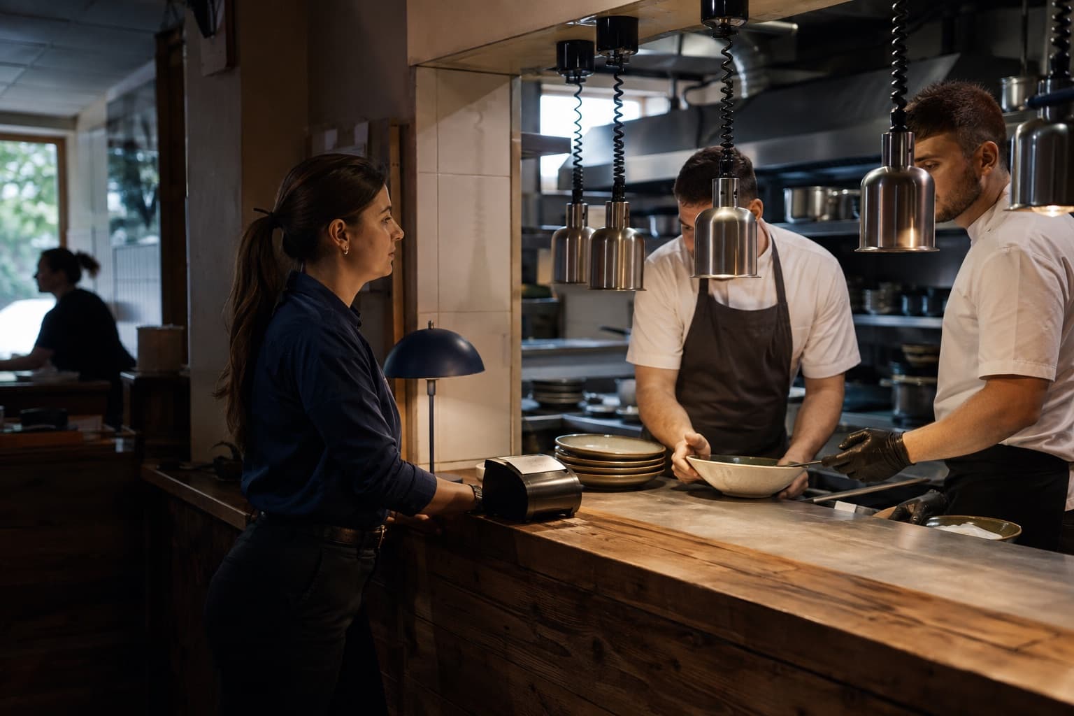Front-of-house and kitchen staff coordinating an order at a restaurant pass