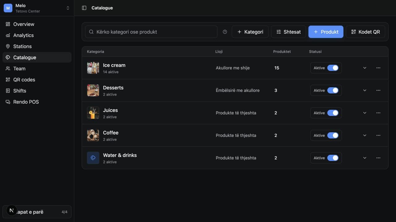 Real Rendo catalogue workspace showing active hospitality product categories