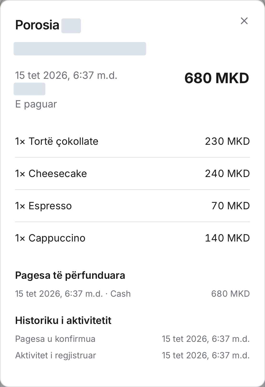 Redacted actual Rendo demo order detail showing products, completed payment and activity history in Albanian
