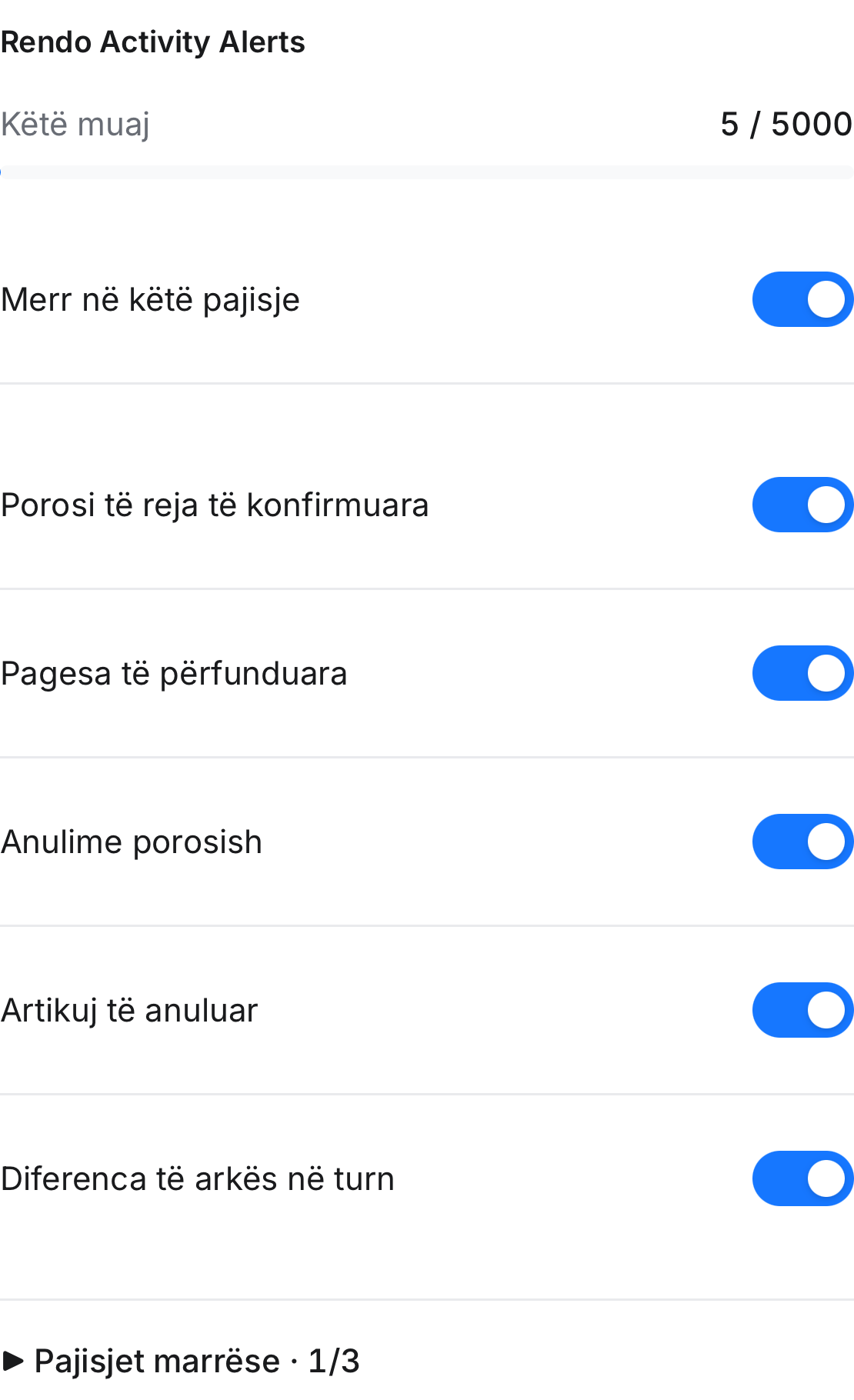 Actual Albanian Activity Alerts settings showing monthly usage, event switches and one of three receiving devices in a test location