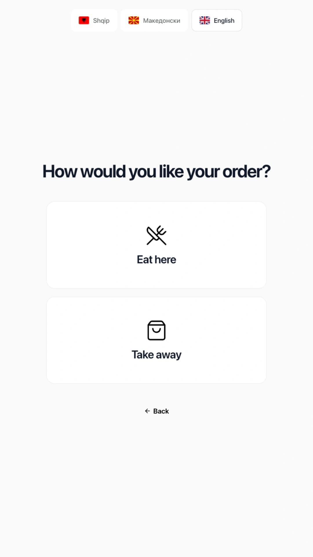 Choose the service and language. · Rendo Kiosk demo